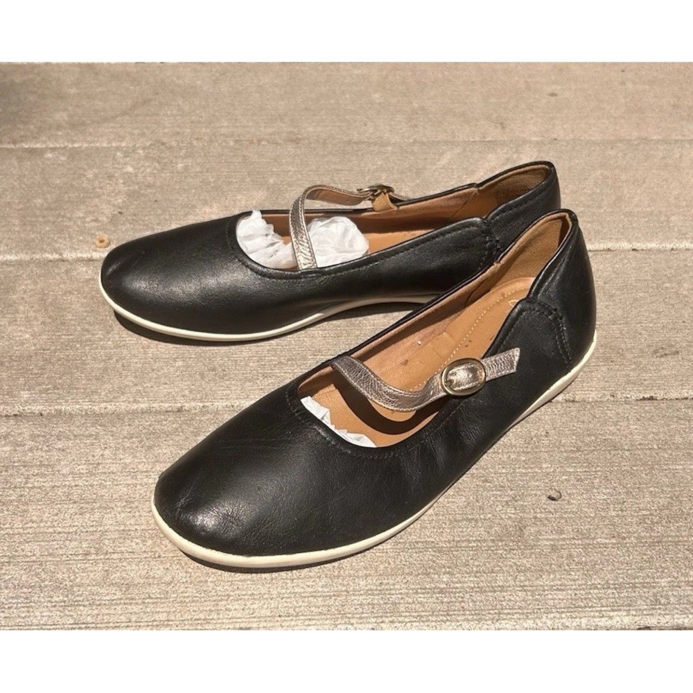 Clarks Cushion Soft Black Leather Mary Jane Flats Metallic Strap Wmns 8.5 Ortho